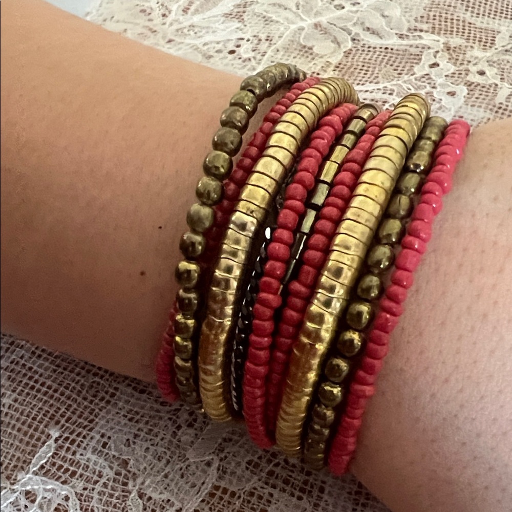 Handmade Gold and Coral Beaded Spiral Bracelet